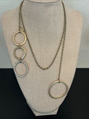 Chico's Gold Tone Textured Hoop Circle Rhinestone Convertible Lariat Necklace